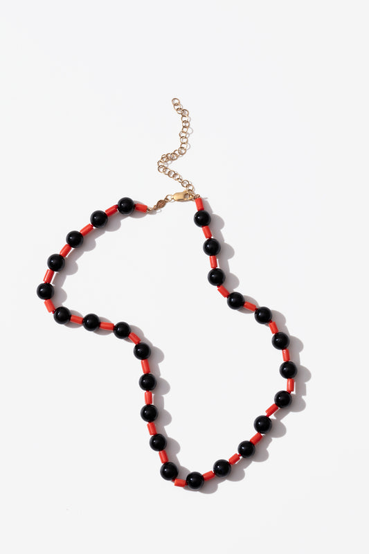 Onyx and Italian Vintage Red Coral tubes Necklace