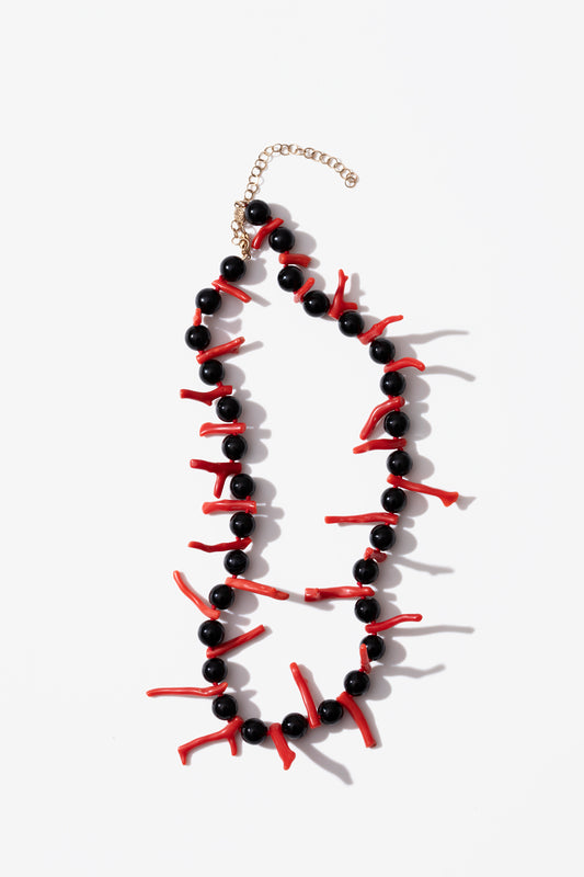 Onyx and Italian Vintage Red Coral Sticks Necklace